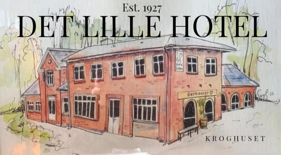 a drawing of a red building with the words detailed at Kroghuset - Det Lille Hotel in Tarm