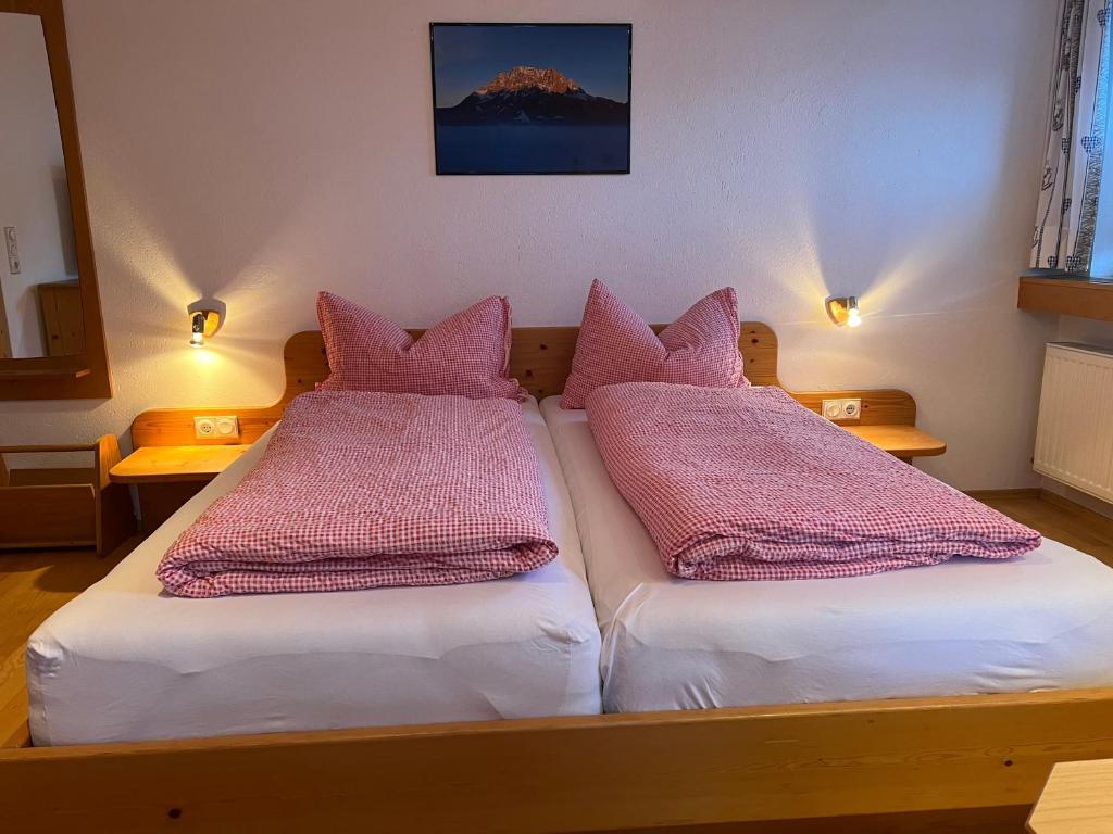 two beds in a room with pink pillows on them at Berghaus Appartment in Biberwier