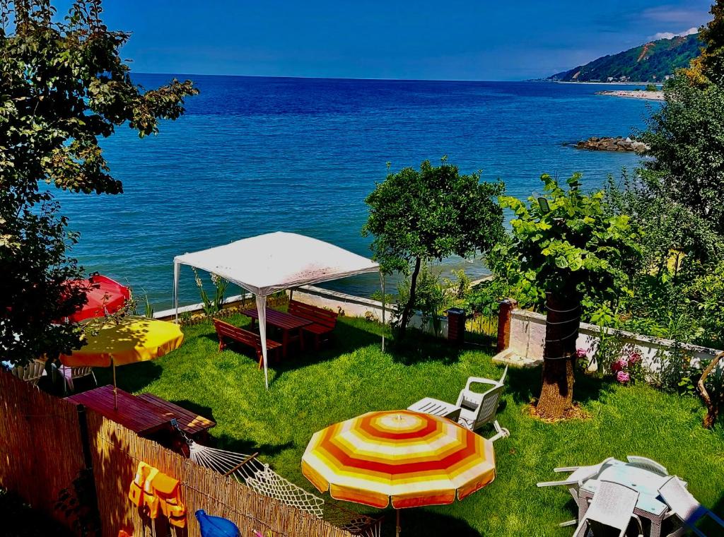 a lawn with an umbrella and chairs and the ocean at Seafront Apartment Rize - Ardeşen in Ardeşen