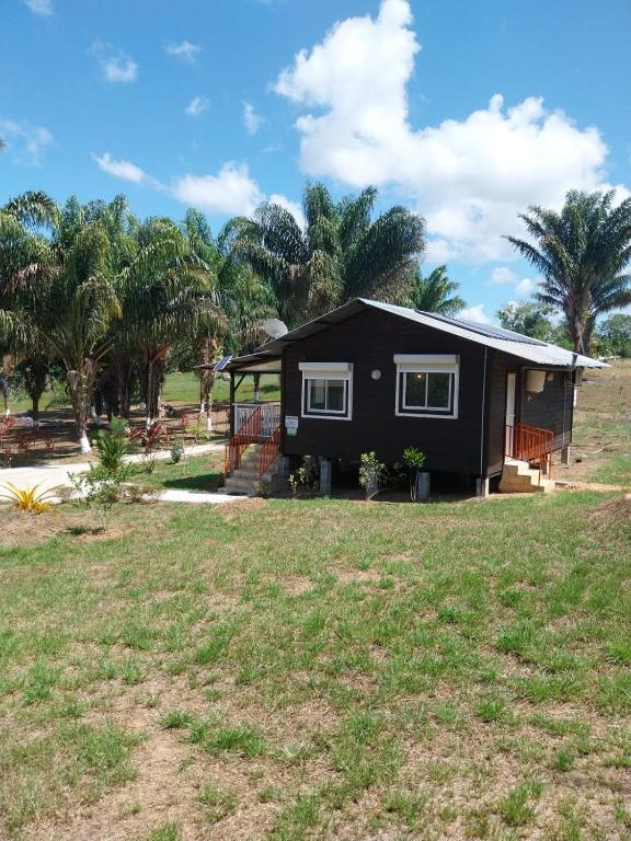 a black house with palm trees in the background at Le coin des Maripas in Quesnel