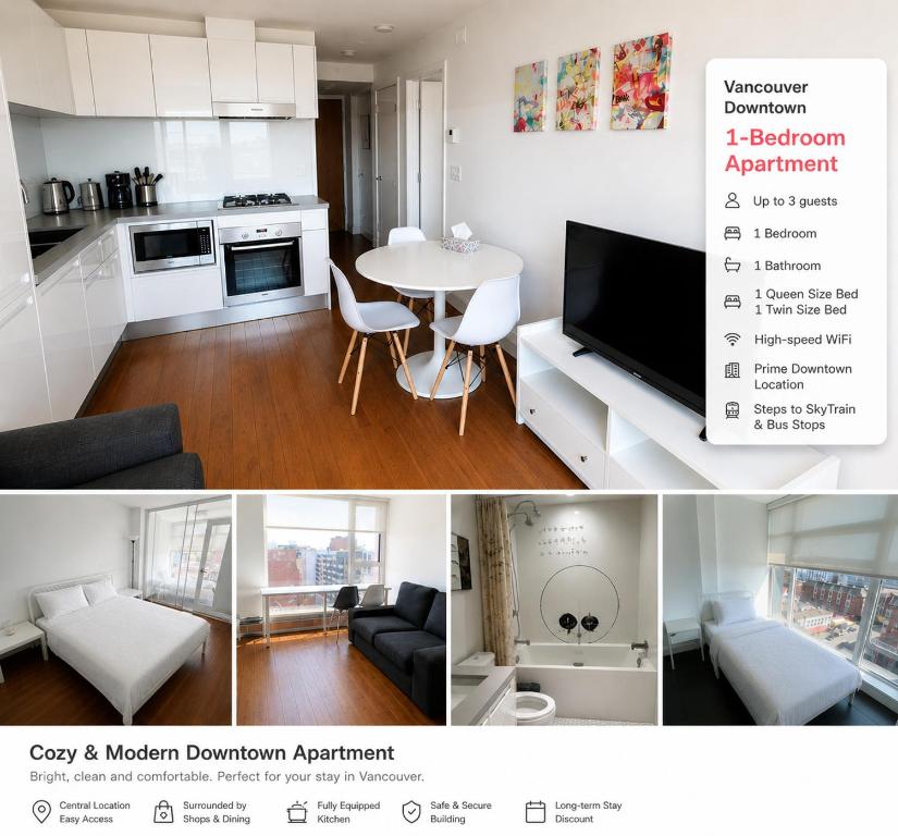 a collage of photos of a kitchen and a living room at Moden & Cozy Downtown Condo in Vancouver in Vancouver