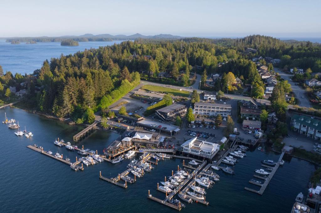 an aerial view of a marina on a lake at Tofino Resort + Marina in Tofino