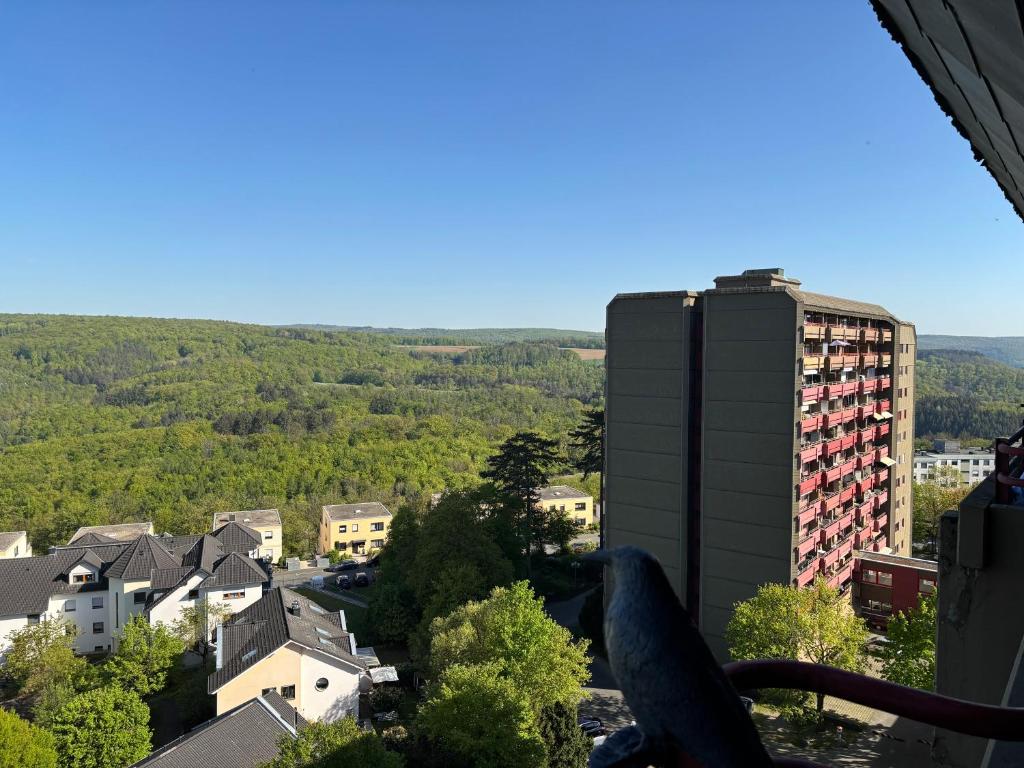 a view of a city with a tall building at Ferienwohnungen im Taunusblick in Lahnstein