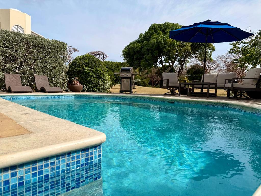 a blue swimming pool with an umbrella and chairs at Suite Escape Villa in Lowlands