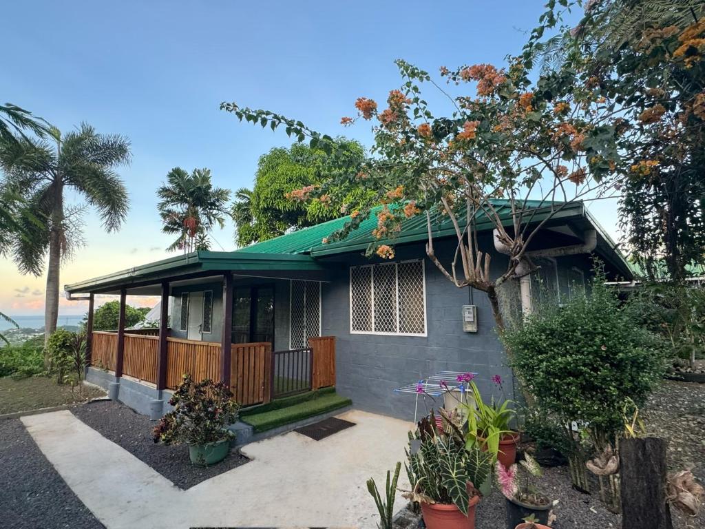 a house with a green roof and some plants at Linas Lodge in Vaitele
