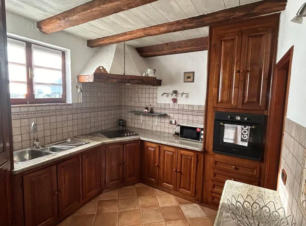 a kitchen with wooden cabinets and a sink at Istrian Private Garden Oasis in Žminj