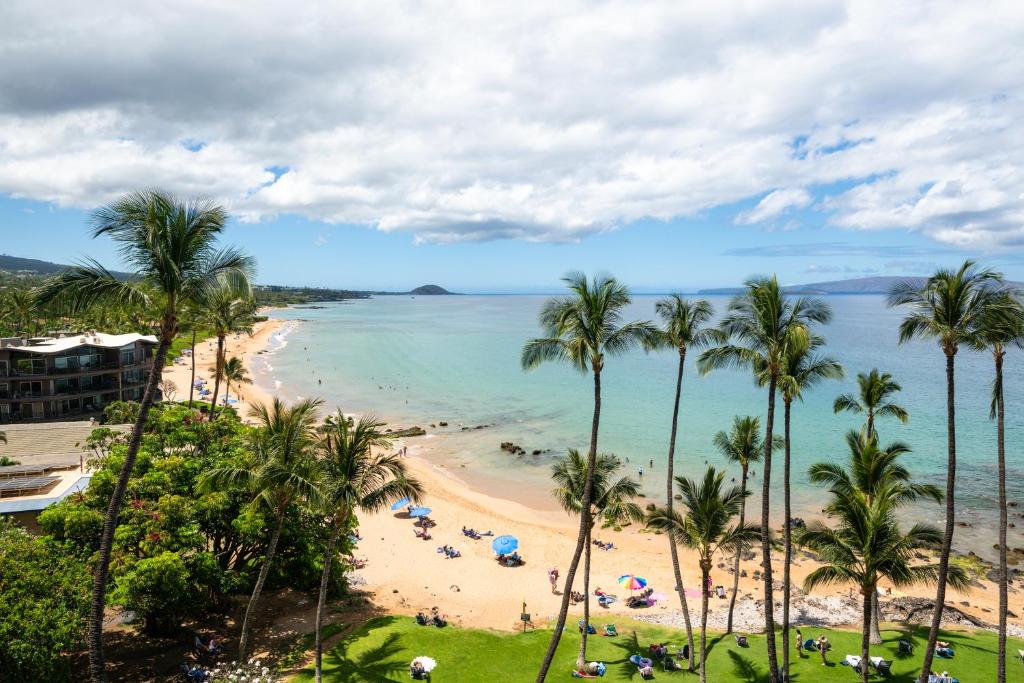a beach with palm trees and people on it at Mana Kai Maui Condo - Right on the Beach! in Wailea