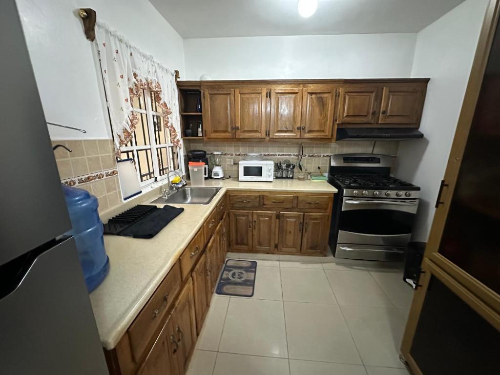 a kitchen with wooden cabinets and a stove top oven at Central Suites Jaraba in Jarabacoa