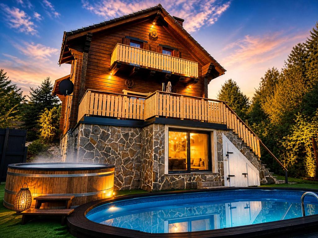 a house with a swimming pool in front of it at Jurzyki dom wakacyjny in Wisła