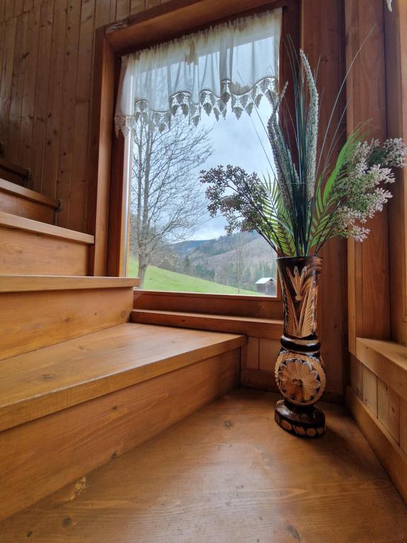 Eine Vase mit einer Pflanze darin steht im Fenster. in der Unterkunft Deer Chalet in Holda
