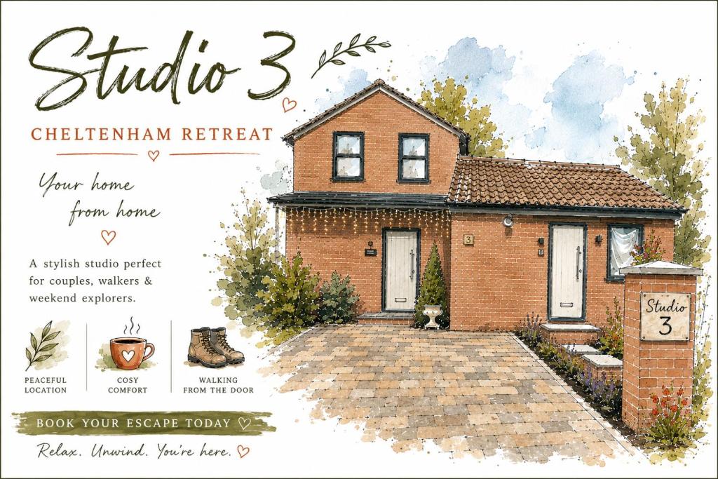 a drawing of a house in a flyer at Studio 3 - Stylish apartment central to hospital and racecourse in Cheltenham