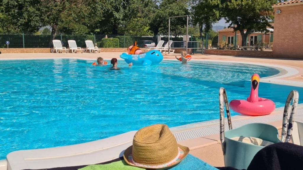 a group of children playing in a swimming pool at ZEcamping 3 dog friendly piscine dans le parc régional du Verdon in Valensole