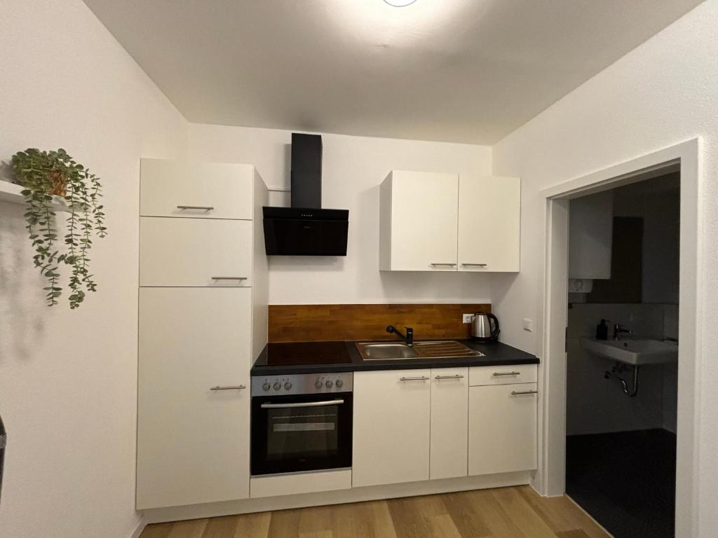 a kitchen with white cabinets and a sink at AG Wohnung Fellbach Nr 3 in Fellbach