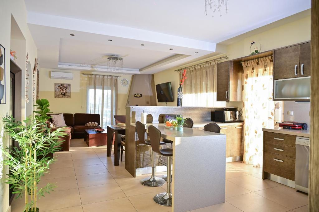 a kitchen and living room with a table and chairs at Clio Apartment in Gázion
