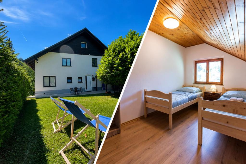 two pictures of a house with a bed and a bedroom at Dolar Guesthouse Bled in Bled