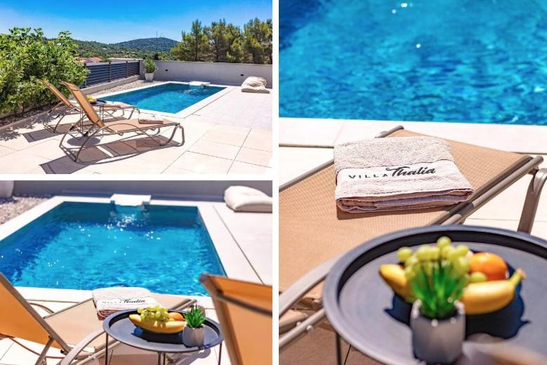 a collage of three pictures of a swimming pool at Villa THALIA in Tisno