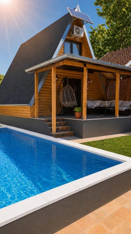 a pavilion with a swimming pool in front of a house at Kucica na Dunavu in Smederevo