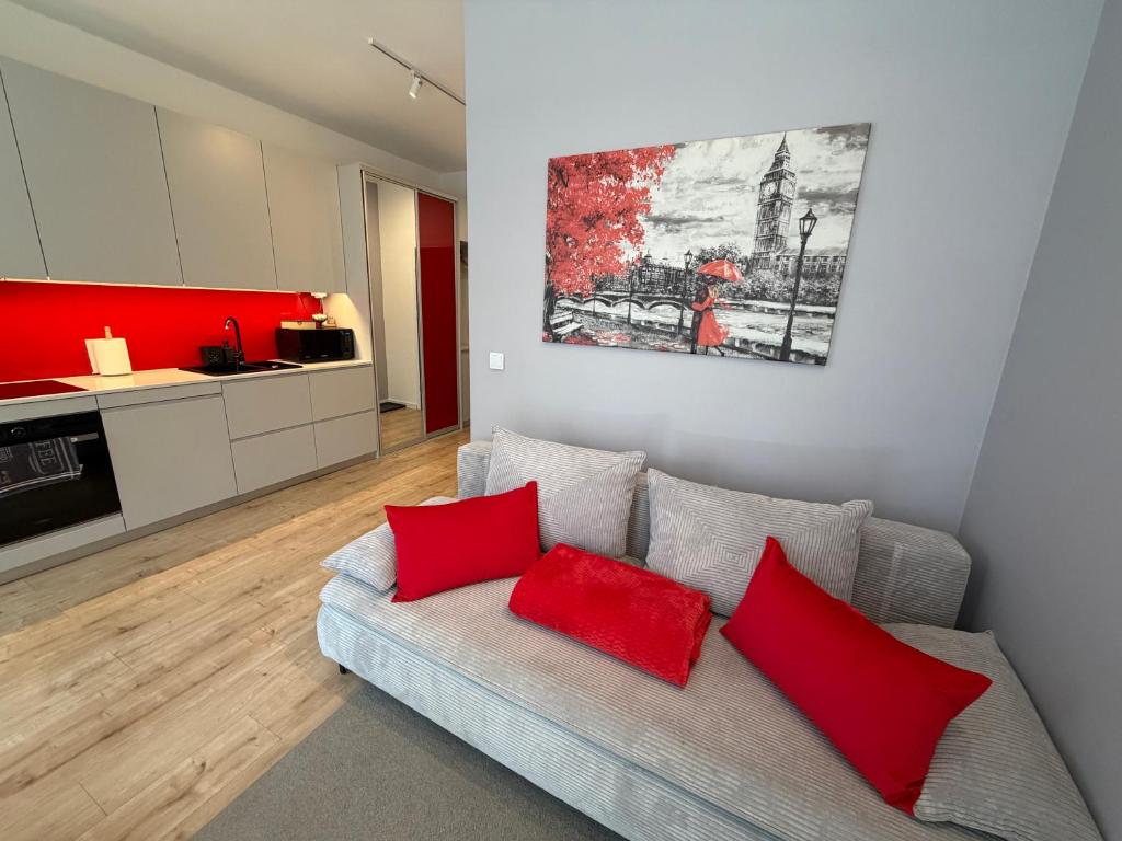 a living room with a couch with red pillows at Apartment Targowa L9 in Lublin