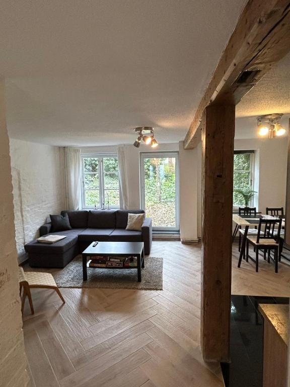 a living room with a couch and a table at Moderne lejlighed ved Flensborg havn in Flensburg