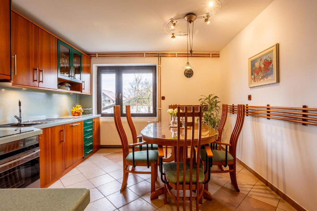a kitchen with a table and chairs and a window at Apartma v ograji in Šentjernej