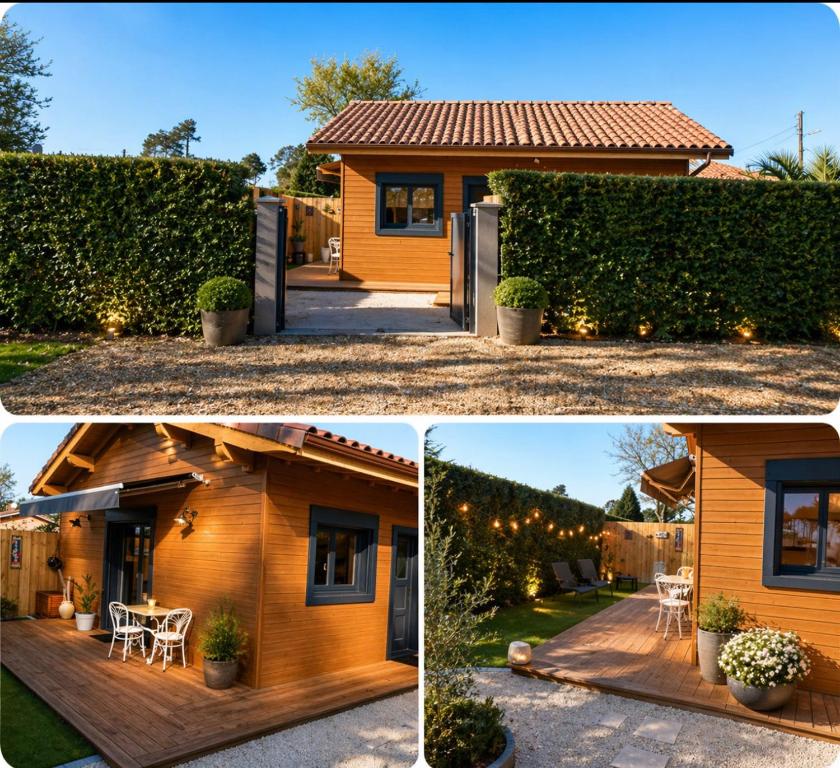 three pictures of a house with a fence and a patio at La KJOTTE avec option jacuzzi in Le Teich