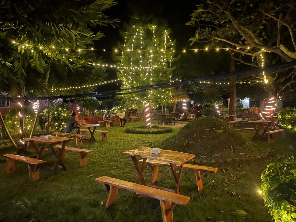 a group of picnic tables in a park with lights at Hotel Tharu Garden in Sauraha