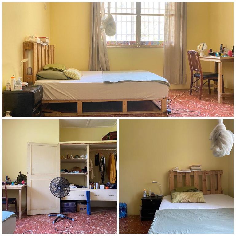 two pictures of a room with two beds and a desk at Comfy room in Wilkinson road ft in Freetown