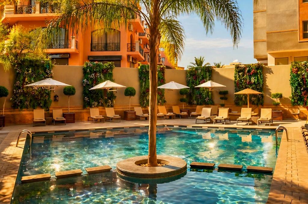 a pool with a palm tree in the middle of a hotel at Hivernage Marrakech in Marrakesh
