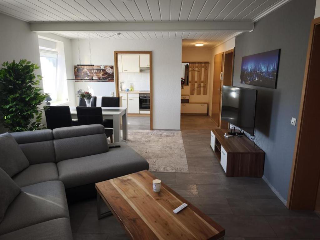 a living room with a couch and a tv at NEU! Ferienwohnung Gondwana in Schiffweiler