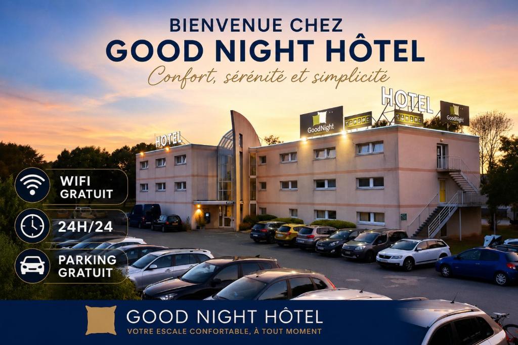 a poster for a good night hotel with cars parked in a parking lot at Good Night Hotel in Arques