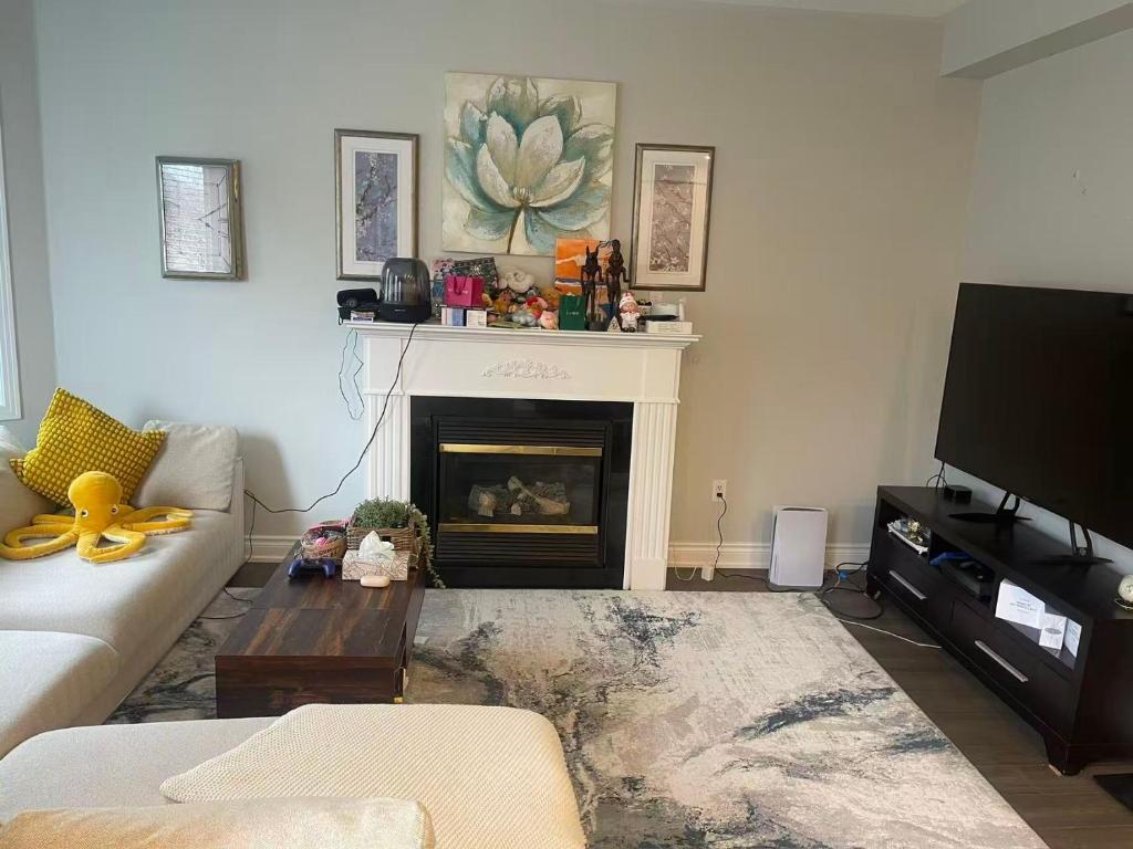 a living room with a couch and a fireplace at Tide Manor in Markham