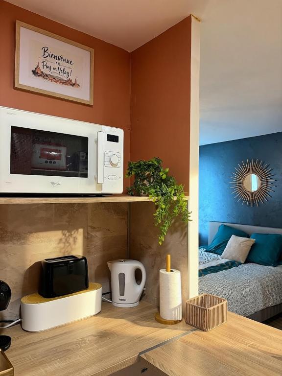 a kitchen with a microwave and a bed in a room at Appartement Grenouillit, hyper centre du Puy in Le Puy-en-Velay