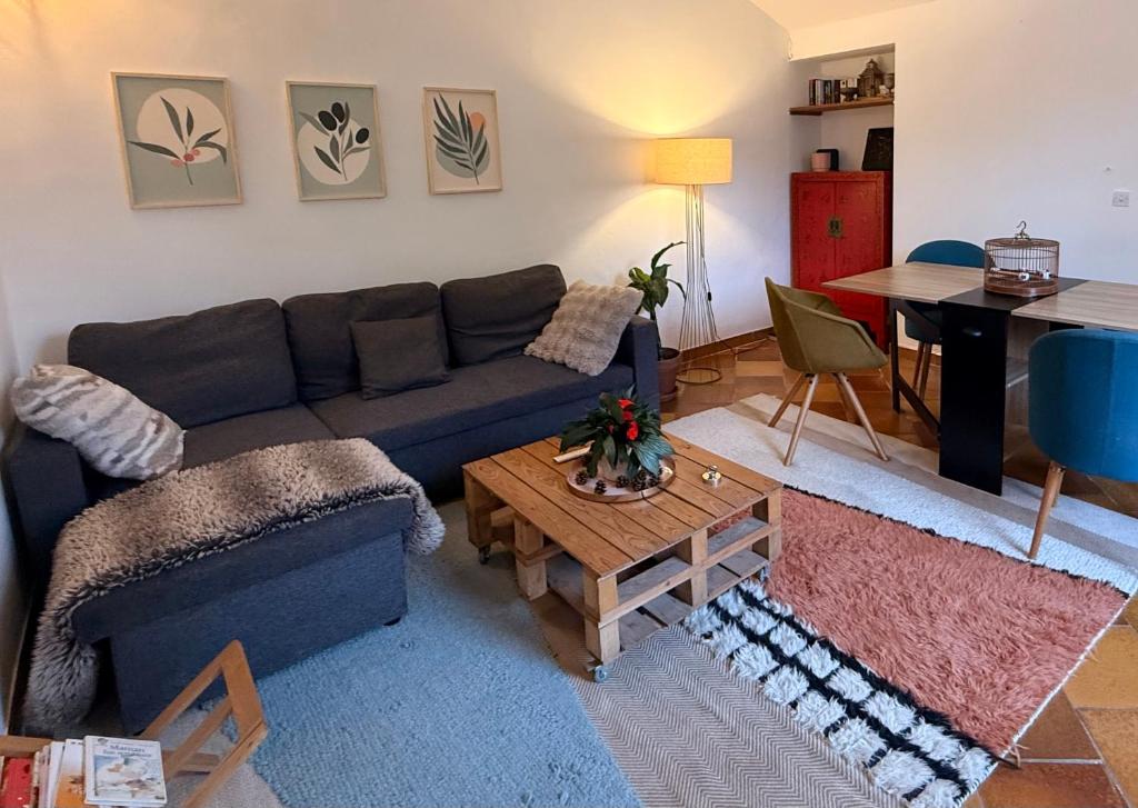 a living room with a blue couch and a table at Au bord de l eau in Villabé
