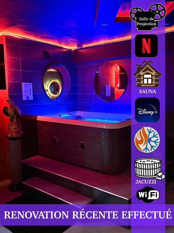 a room with a tub with red and blue lights at LA LOVEROOM by Sunnyroom in Perpignan