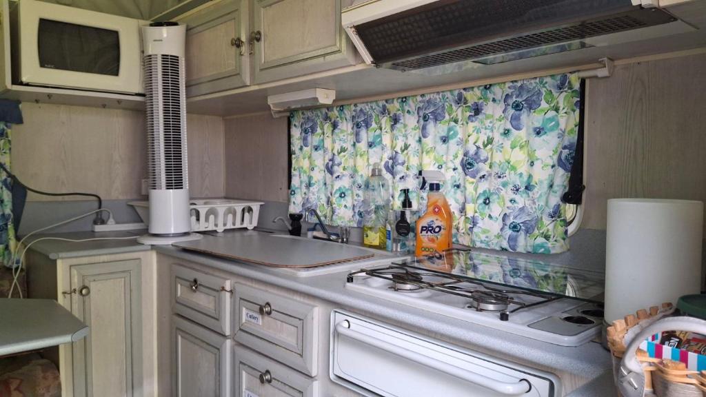 a kitchen with a stove and a sink and a curtain at Caravan Rustic Sunflower in Mount Crosby