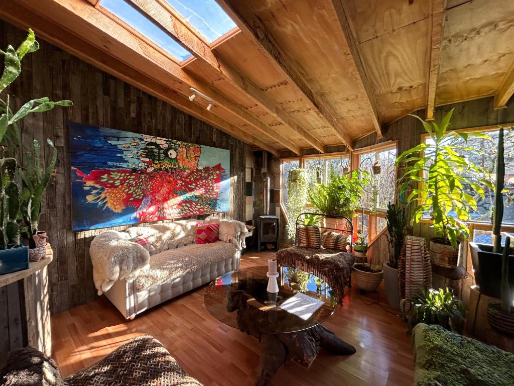 a living room with a couch and some plants at Yagan house in Puerto Natales