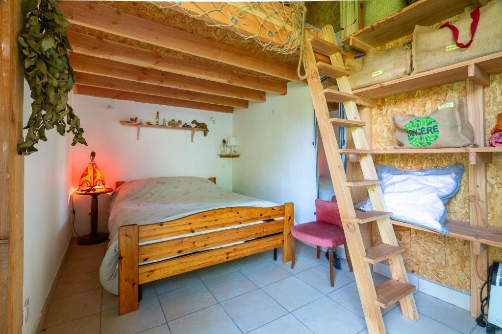 a bedroom with a bunk bed and a ladder at Logement Bourbon - coeur Ardèche in Lamastre
