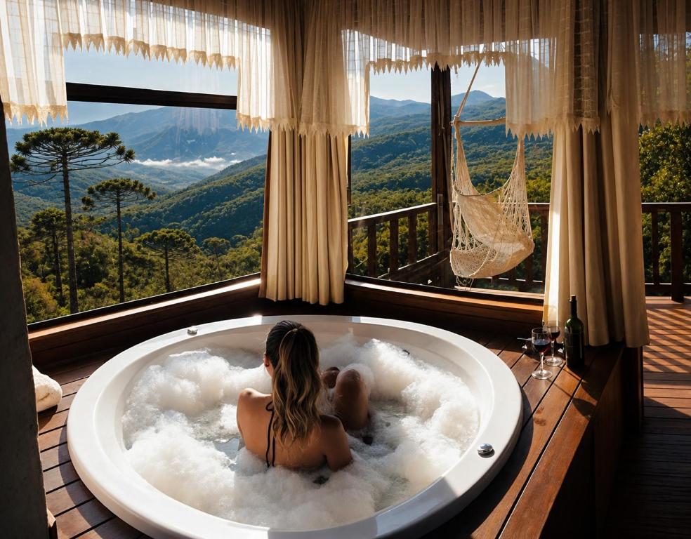 a woman sitting in a bath tub with a view at Estalagem Mandeville in Monte Verde