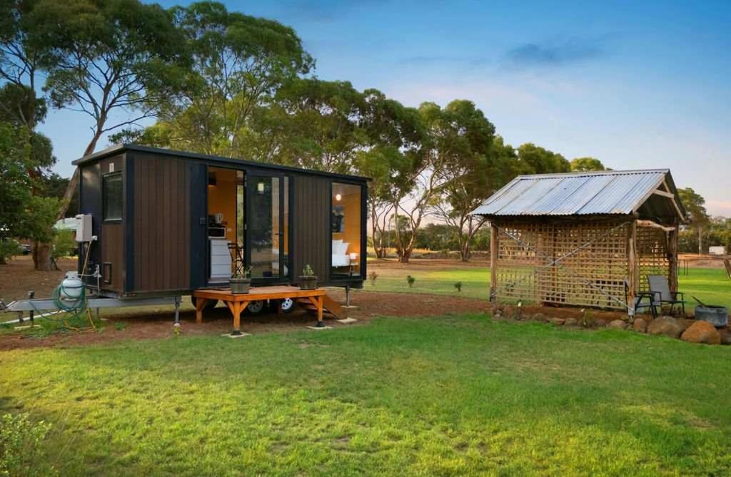 a tiny house in a field with a bench at Lara Grove Cottage 2 by Tiny Away in Purdeet