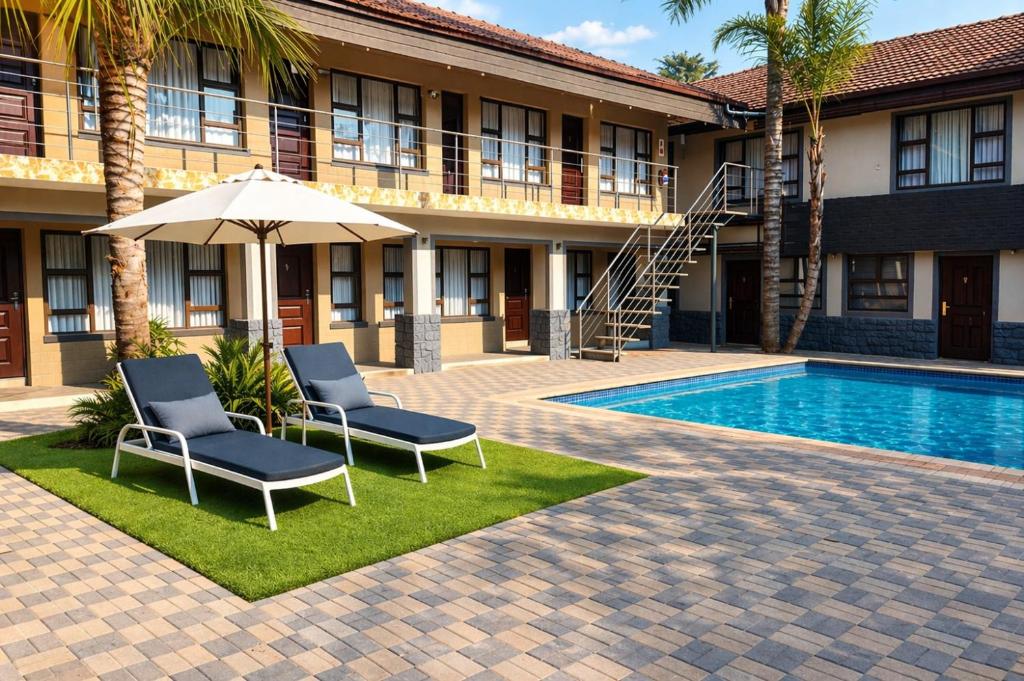 two chairs and an umbrella next to a swimming pool at Europrime Hotels Lakefield in Benoni