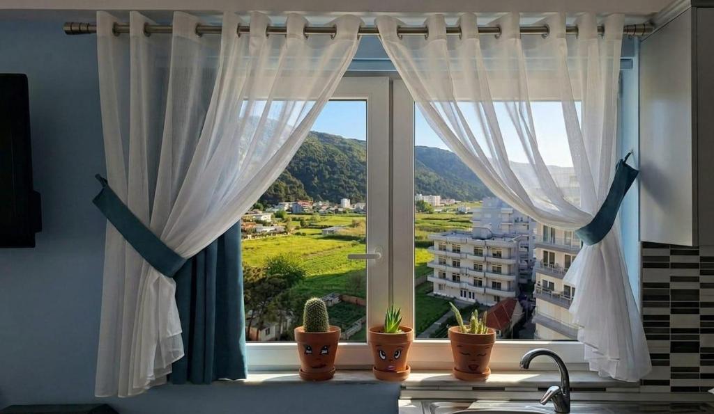 a window with potted plants on a kitchen counter at Sea & Sky apartment in Skataj