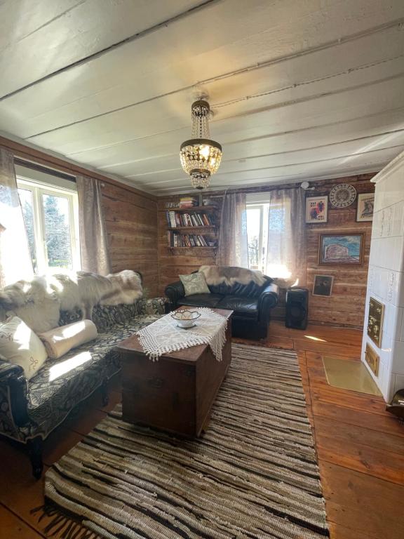 a living room with a couch and a coffee table at Posti Tiny House with Garden in Haapsalu