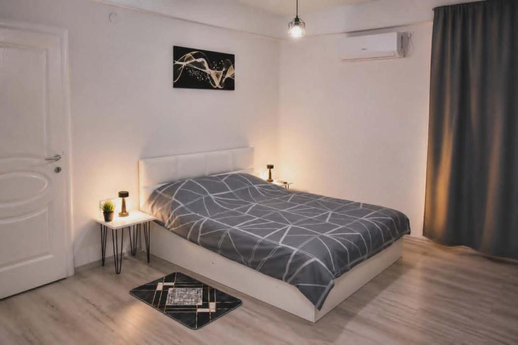 ein Schlafzimmer mit einem Bett mit grauer Bettdecke in der Unterkunft Cavdarov in Štip