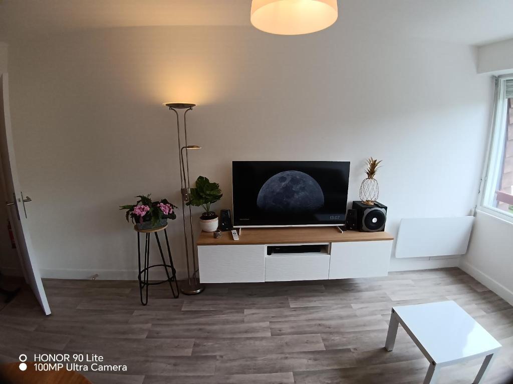 a living room with a flat screen tv on a table at Les Marines du Cachalot in Villers-sur-Mer