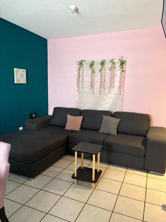 a living room with a black couch and a pink wall at Villa Gael Vacation Home in La Paz