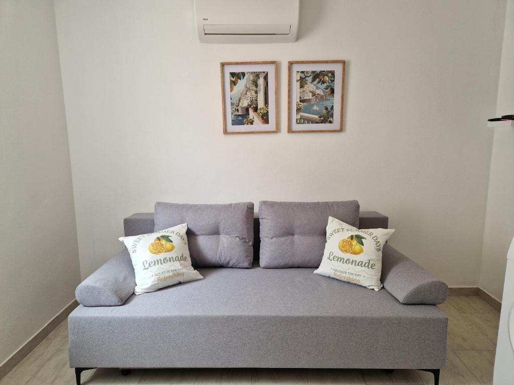 a couch in a living room with two pillows on it at Apartmani AE in Biograd na Moru