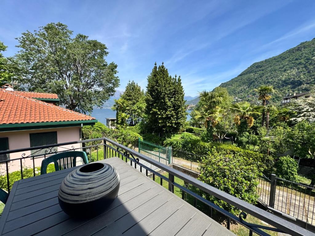 a vase sitting on a wooden table on a balcony at Villa Elvira fronte lago di Como by Gottschalk in Dervio