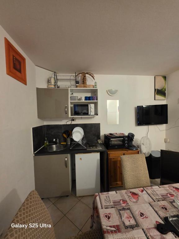 a small kitchen with a sink and a microwave at PR001 3 chambres in Le Blanc-Mesnil