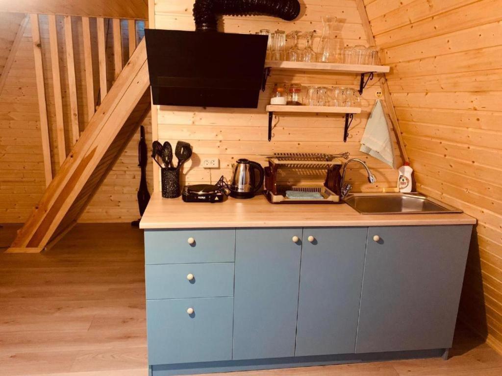 a kitchen with a counter and a sink in a cabin at Cestlavie in Mtskheta