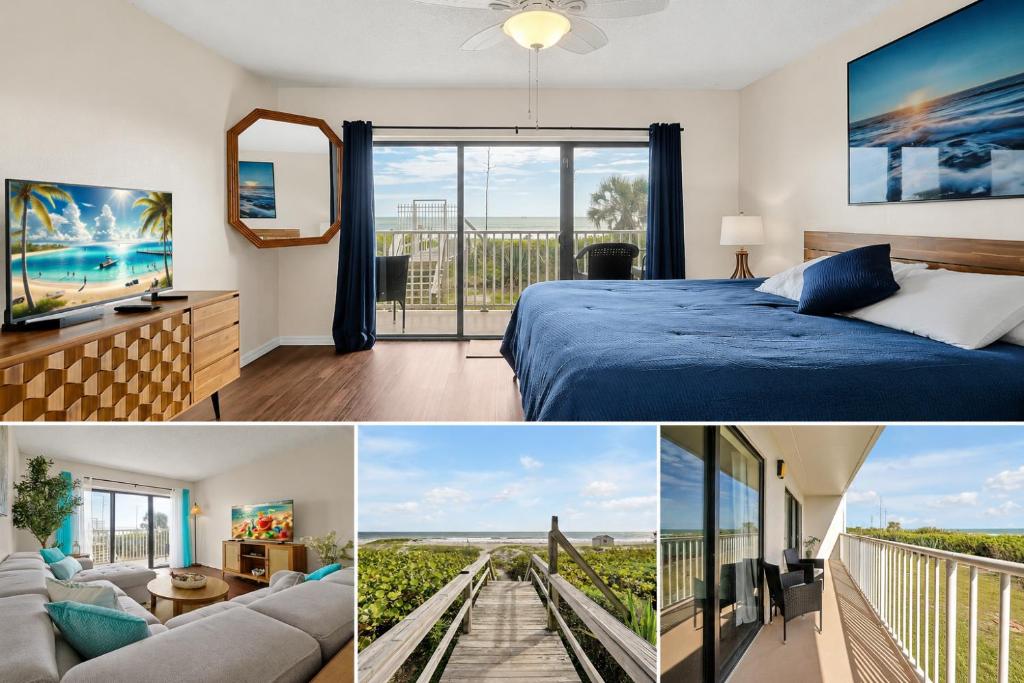 a collage of pictures of a bedroom with a bed and a balcony at Stunning Beachfront Apartment Near Cocoa Beach Pier in Cocoa Beach